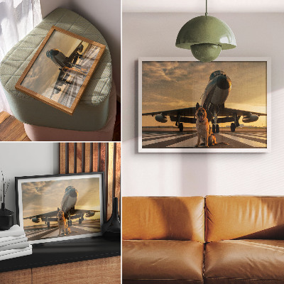 Arte de pared Perro y avión al atardecer: una imagen única.