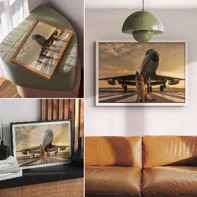 Arte de pared perro y avión al atardecer