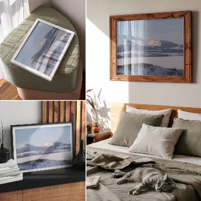 Póster paisaje de montañas nevadas en invierno con cielo despejado