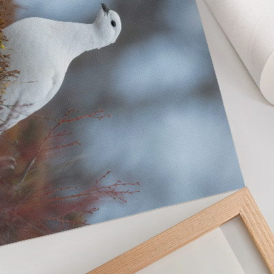 Póster Un pájaro blanco en un entorno invernal.