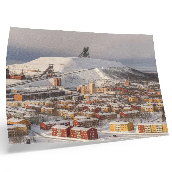 Arte de pared pueblo invernal con edificios coloridos sobre nieve
