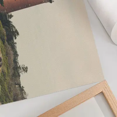 Póster faro en la arena rodeado de árboles y armonía de la naturaleza