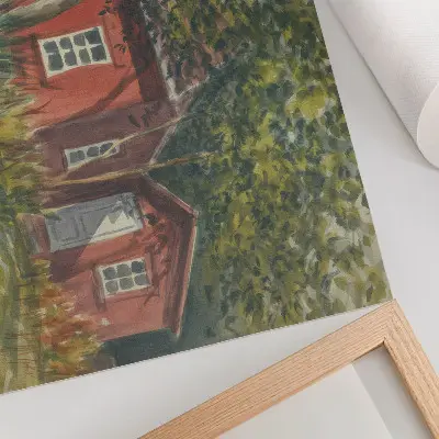 Póster casa de madera rodeada de árboles y vegetación exuberante en un entorno idílico
