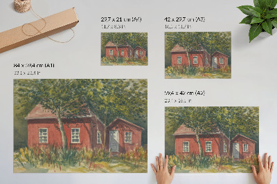Póster Casa de madera, árboles, exuberante vegetación, idílico