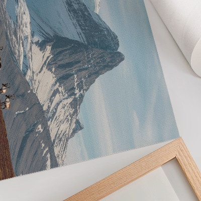 Lámina para cuadro Paisaje invernal pintoresco con renos y montañas.