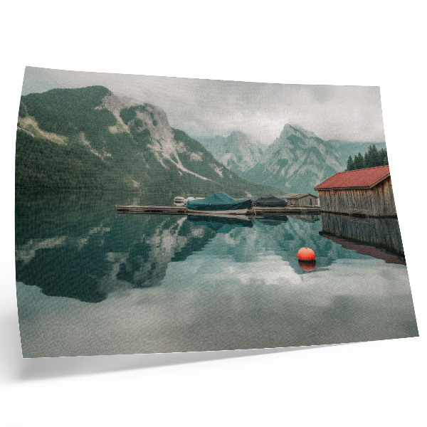 Lámina para cuadro Reflejo del lago de montaña, paz, barcos de madera