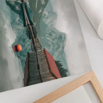 Lámina para cuadro reflejo del lago de montaña con barcos de madera y motivos de paz