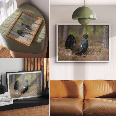 Póster con diseño de colores de pájaros y naturaleza del bosque para un ambiente tranquilo
