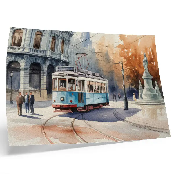 Arte de pared diseño de tranvía urbano antiguo con elegancia de acuarela