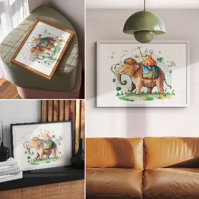 Arte de pared gato sobre un mamut con temática de magia natural fantástica