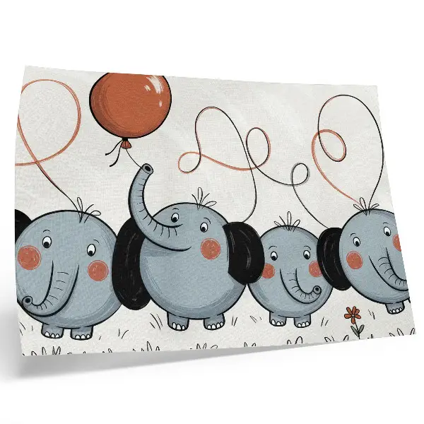 Póster de elefantes con globos que representa limpieza, diversión y alegría