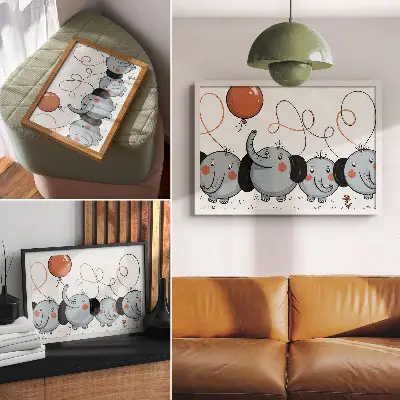 Póster de elefantes con globos que representa limpieza, diversión y alegría