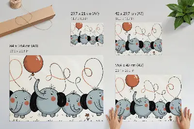 Póster de elefantes con globos que representa limpieza, diversión y alegría