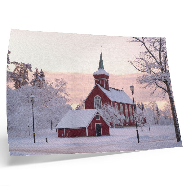 Lámina para cuadro capilla roja en invierno con árboles nevados y cielo pastel