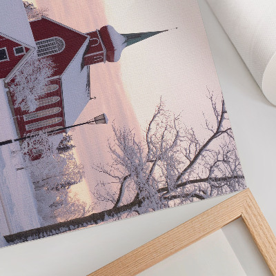 Lámina para cuadro capilla roja en invierno con árboles nevados y cielo pastel