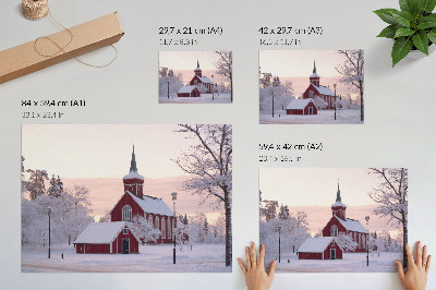 Lámina para cuadro capilla roja en invierno con árboles nevados y cielo pastel