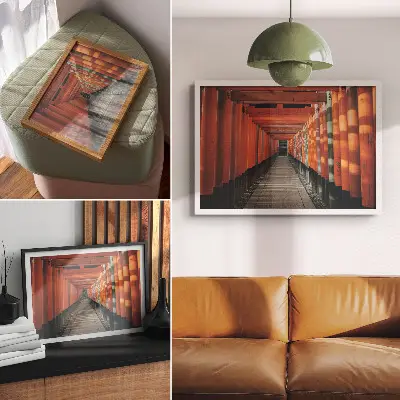 Arte de pared columnas con túnel naranja de simetría y profundidad