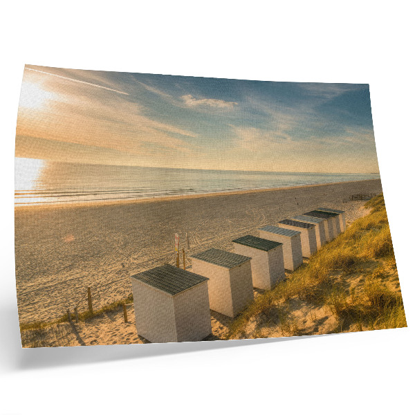 Lámina para cuadro Casas blancas con vistas al mar y puesta de sol.