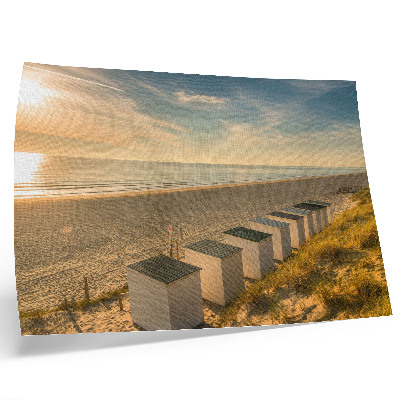 Lámina para cuadro Casas blancas con vistas al mar y puesta de sol.