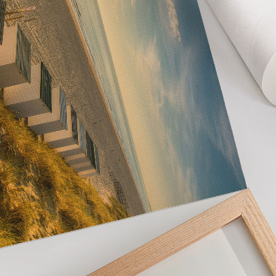 Lámina para cuadro Casas blancas con vistas al mar y puesta de sol.