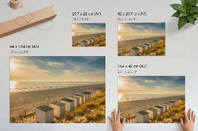 Lámina para cuadro Casas blancas con vistas al mar y puesta de sol.