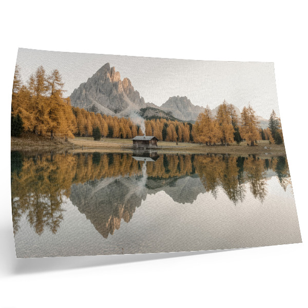 Arte de pared Montañas, reflejo, cabaña, árboles dorados, lago tranquilo