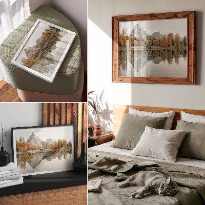 Arte de pared Montañas, reflejo, cabaña, árboles dorados, lago tranquilo