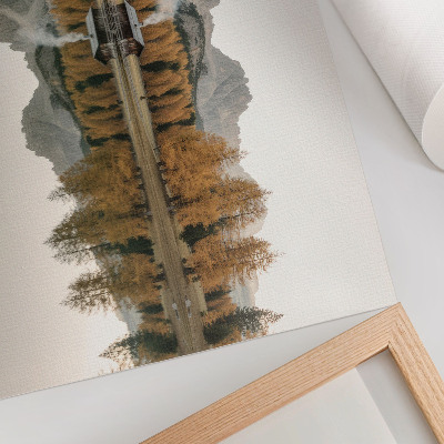 Arte de pared Montañas, reflejo, cabaña, árboles dorados, lago tranquilo