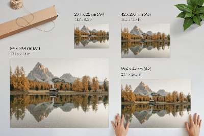 Arte de pared Montañas, reflejo, cabaña, árboles dorados, lago tranquilo