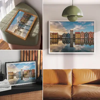 Póster casas coloridas junto al agua con reflejos arquitectónicos