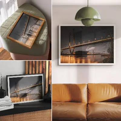 Póster puente de noche con estructura moderna y ambiente tranquilo