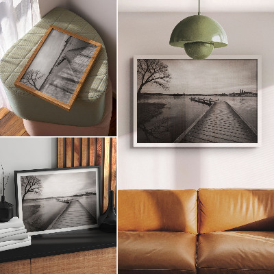 Arte de pared Paisaje en blanco y negro, muelle de madera, lago tranquilo