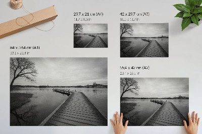 Arte de pared Paisaje en blanco y negro, muelle de madera, lago tranquilo
