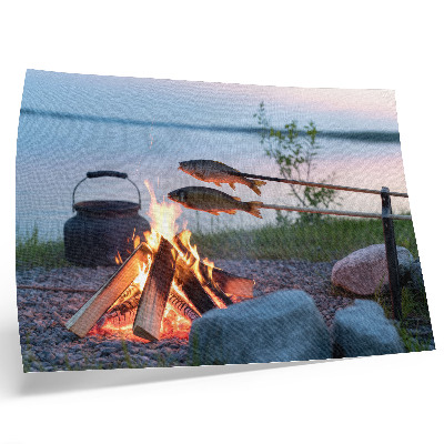 Arte de pared Hoguera junto al lago, pescado en palitos, naturalmente