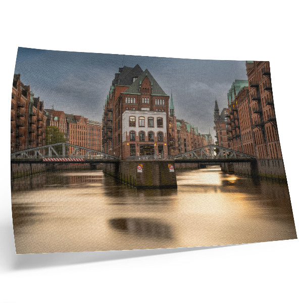 Póster Arquitectura atmosférica, puente, atardecer, agua tranquila