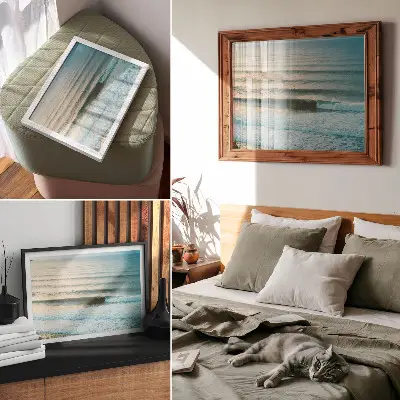 Póster de olas del océano con horizonte tranquilo y surfistas