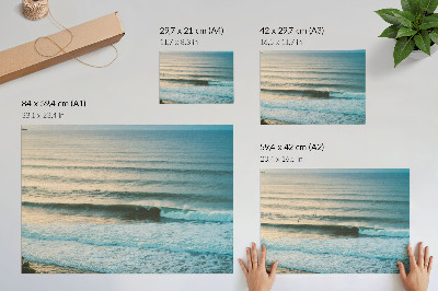 Póster Olas del océano, horizonte tranquilo, surfistas