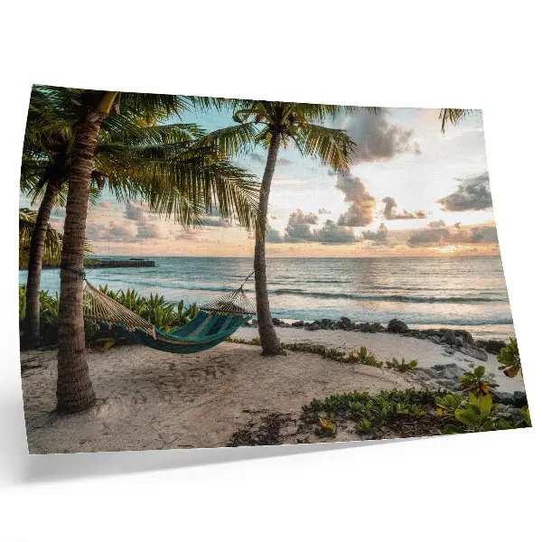 Lámina para cuadro de playa tropical con palmeras y hamacas