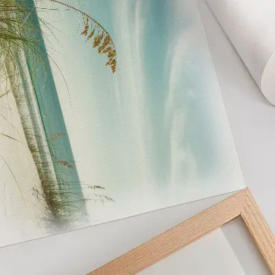 Póster con diseño de hierba de playa, océano y cielo de paz