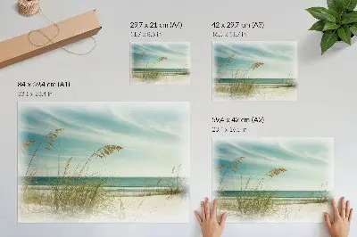 Póster con diseño de hierba de playa, océano y cielo de paz