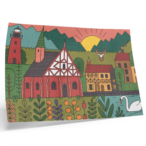 Arte de pared Casas coloridas montañas ciervo cisne paisaje verde