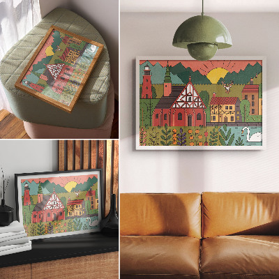 Arte de pared Casas coloridas montañas ciervo cisne paisaje verde