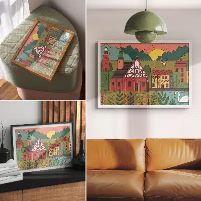 Arte de pared con paisaje de casas coloridas, montañas, ciervo y cisne en tonos verdes
