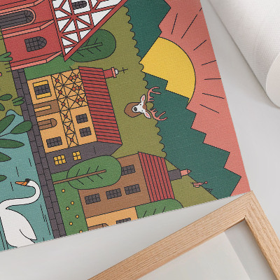 Arte de pared Casas coloridas montañas ciervo cisne paisaje verde