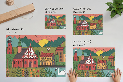 Arte de pared Casas coloridas montañas ciervo cisne paisaje verde