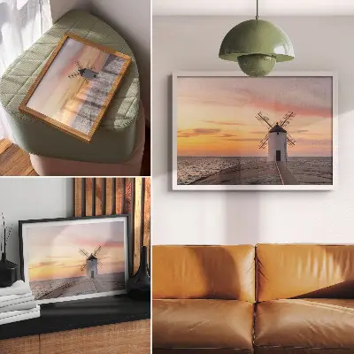 Póster molino de viento a la luz del atardecer con mar y cielo en tonos pastel