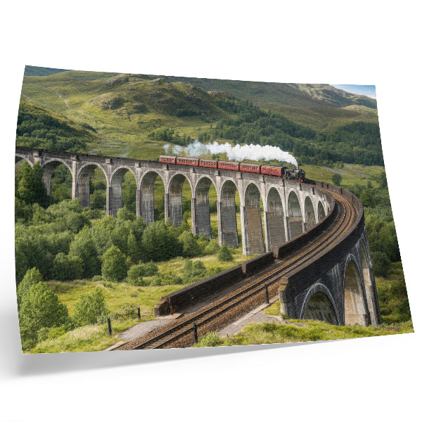 Lámina para cuadro Un viaducto con un tren entre verdes colinas.