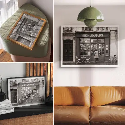 Póster fachada elegante en un ambiente de casco antiguo en blanco y negro