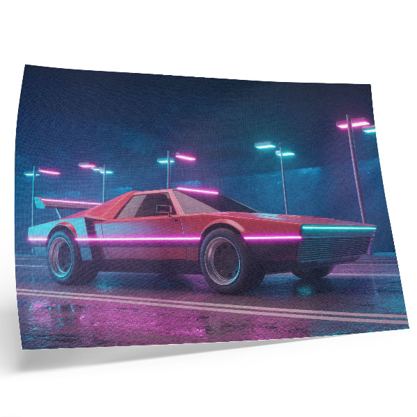 Póster Coche retro en un entorno urbano iluminado por luces de neón.