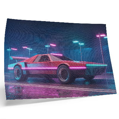 Póster Coche retro en un entorno urbano iluminado por luces de neón.